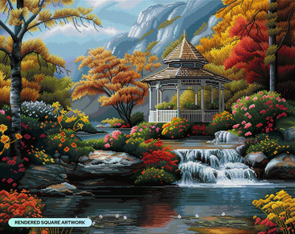 Diamond Painting Gazebo at Rivers Edge 34.7" x 27.6" (87.9cm x 69.9cm) / Square with 65 Colors including 3 ABs and 3 Fairy Dust Diamonds / 99,193