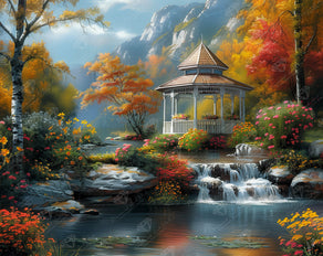 Diamond Painting Gazebo at Rivers Edge 34.7" x 27.6" (87.9cm x 69.9cm) / Square with 65 Colors including 3 ABs and 3 Fairy Dust Diamonds / 99,193