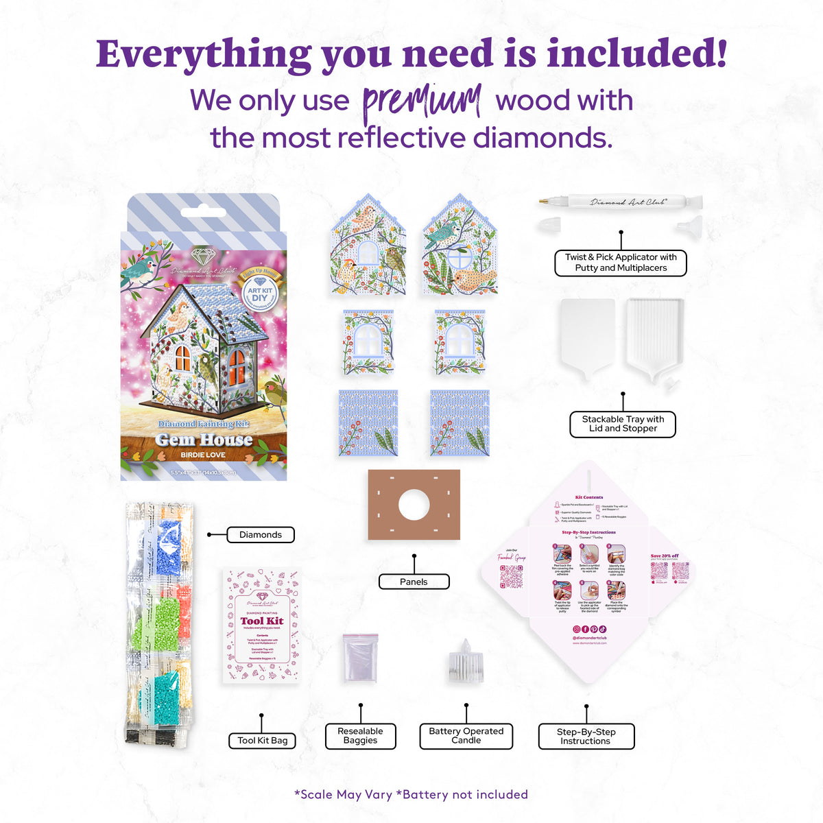 Diamond Painting Gem House - Birdie Love 5.5" x 4.1" x 3.1" (14 x 10.5 x 8cm) / Round with 16 colors including 2 Special Diamonds / 2,256