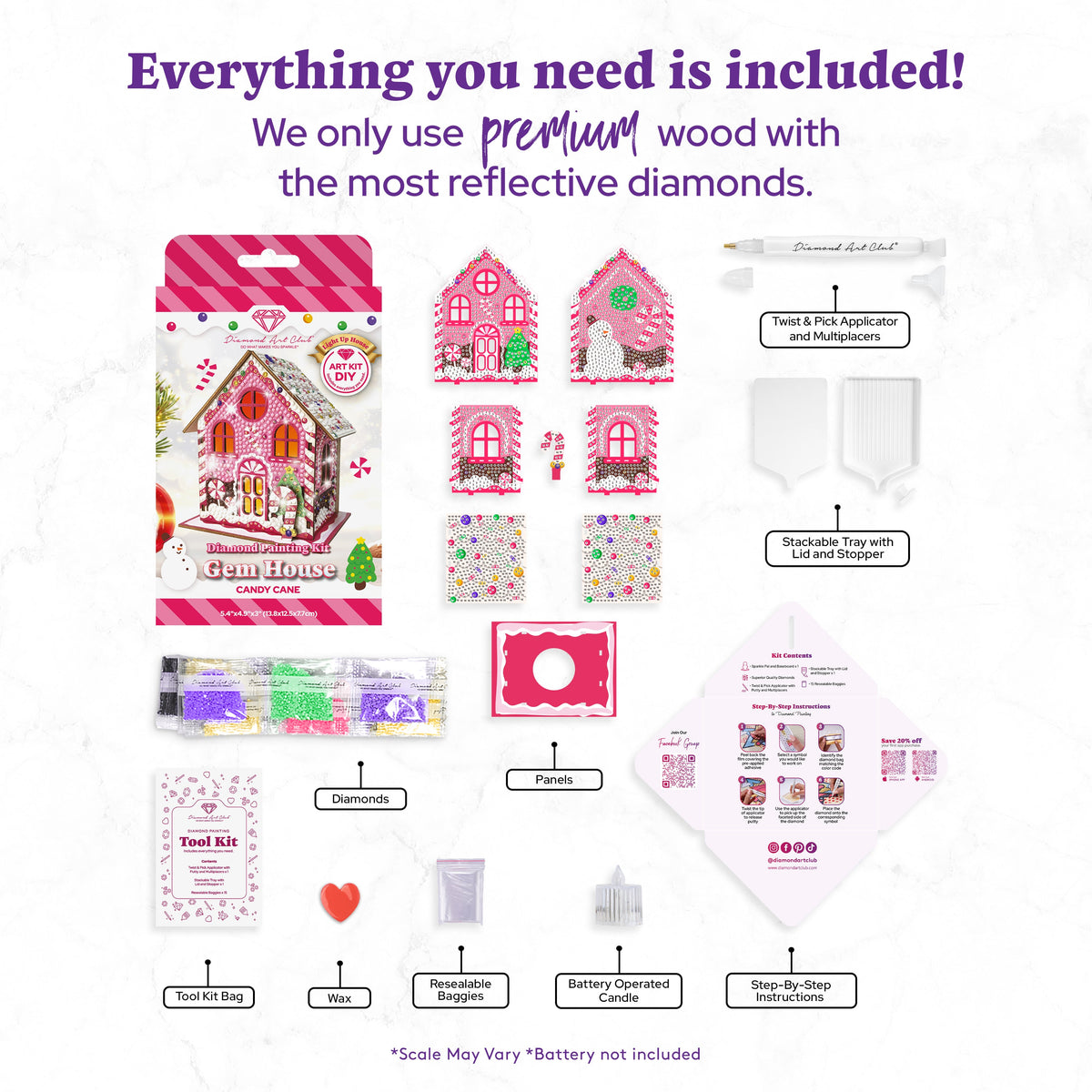 Diamond Painting Gem House - Candy Cane 5.4" x 4.9" x 3" (13.8 x 12.5 x 7.7cm) / Round with 11 colors including 4 ABs and 3 Fairy Dust Diamonds / 2,720