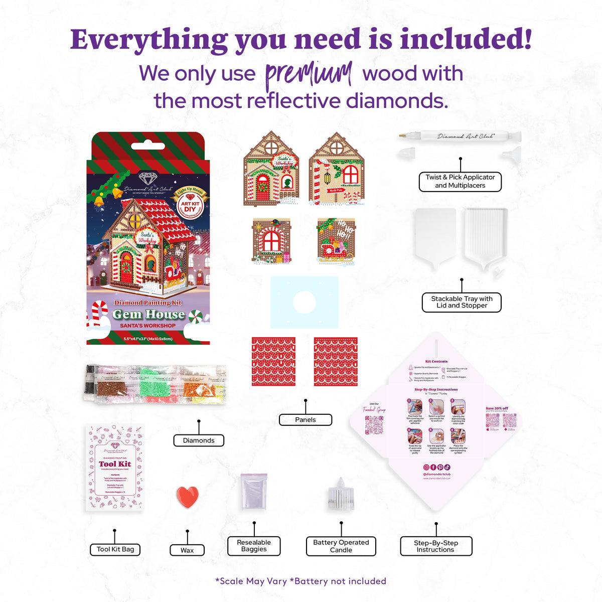 Diamond Painting Gem House - Santa's Workshop 5.5" x 4.1" x 3.1" (14 x 10.5 x 8cm) / Round with 28 Colors including 1 AB and 3 Iridescent Diamonds and 2 Fairy Dust Diamonds / 2,830