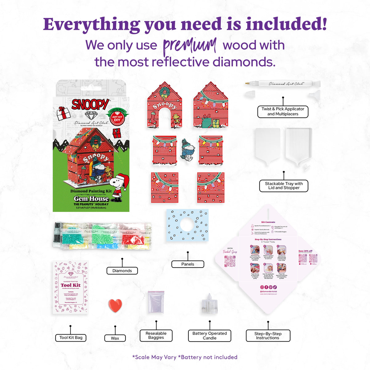 Diamond Painting Gem House - The Peanuts™ Holiday 5.4" x 4.9" x 3" (13.8 x 12.5 x 7.7cm) / Round with 13 colors including 1 AB and 4 Iridescent Diamonds and 4 Fairy Dust Diamonds / 2,965