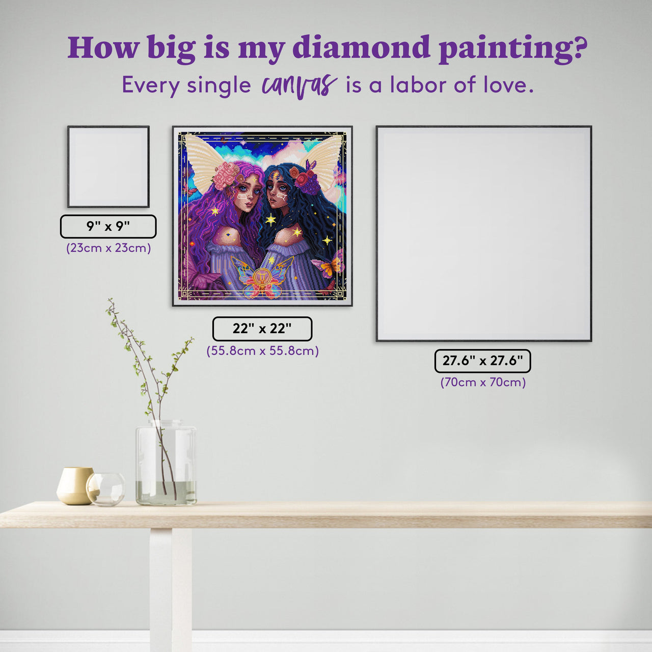 Diamond Painting Gemini 22" x 22" (55.8cm x 55.8cm) / Square with 62 Colors including 6 ABs, 1 Iridescent Diamond, and 2 Fairy Dust Diamonds / 50,176