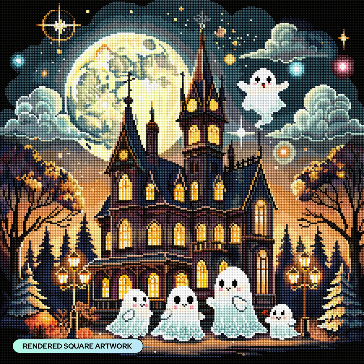 Diamond Painting Ghost Family 22" x 22" (55.8cm x 55.8cm) / Square with 54 Colors including 1 AB and 4 Fairy Dust Diamonds / 50,176