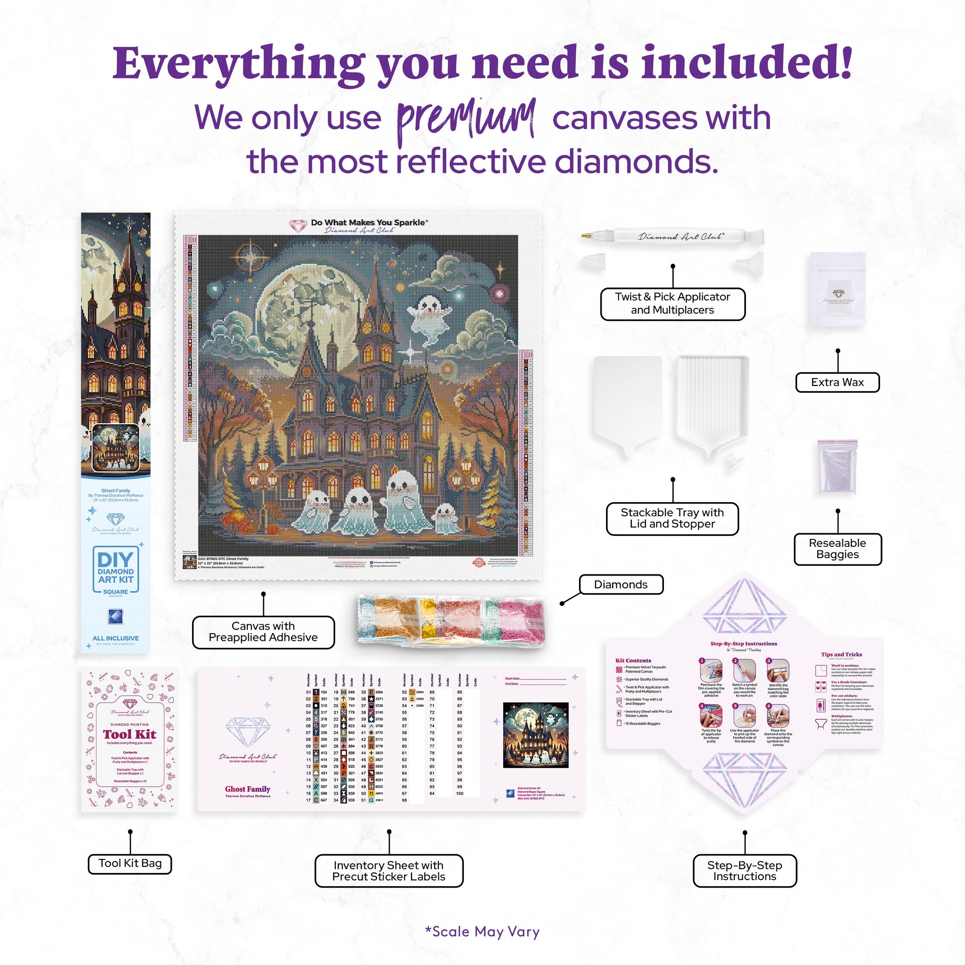 Diamond Painting Ghost Family 22" x 22" (55.8cm x 55.8cm) / Square with 54 Colors including 1 AB and 4 Fairy Dust Diamonds / 50,176