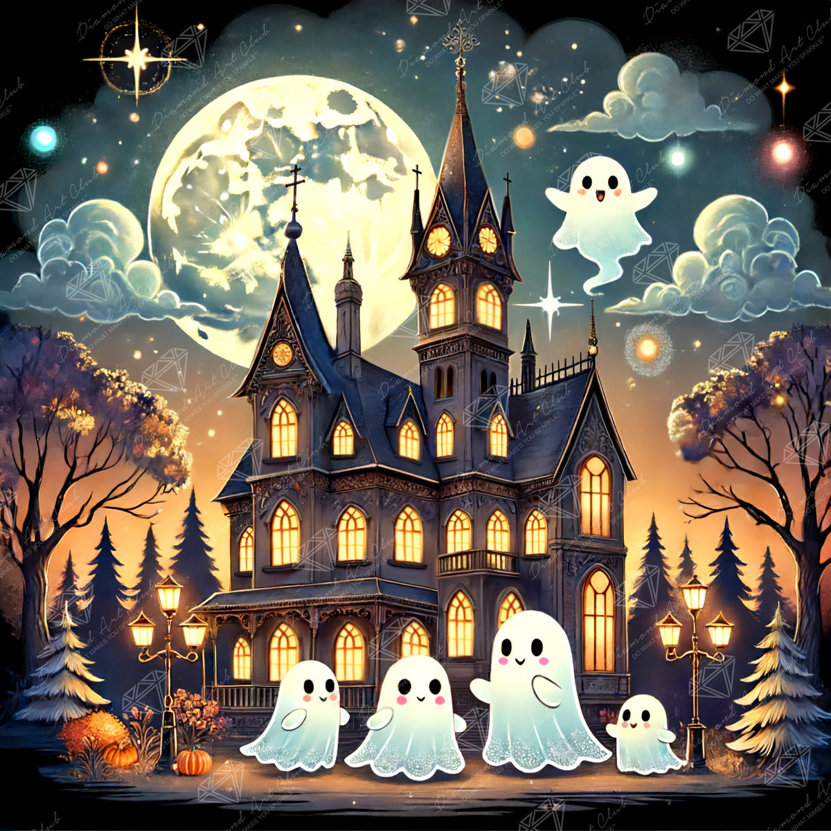 Diamond Painting Ghost Family 22" x 22" (55.8cm x 55.8cm) / Square with 54 Colors including 1 AB and 4 Fairy Dust Diamonds / 50,176