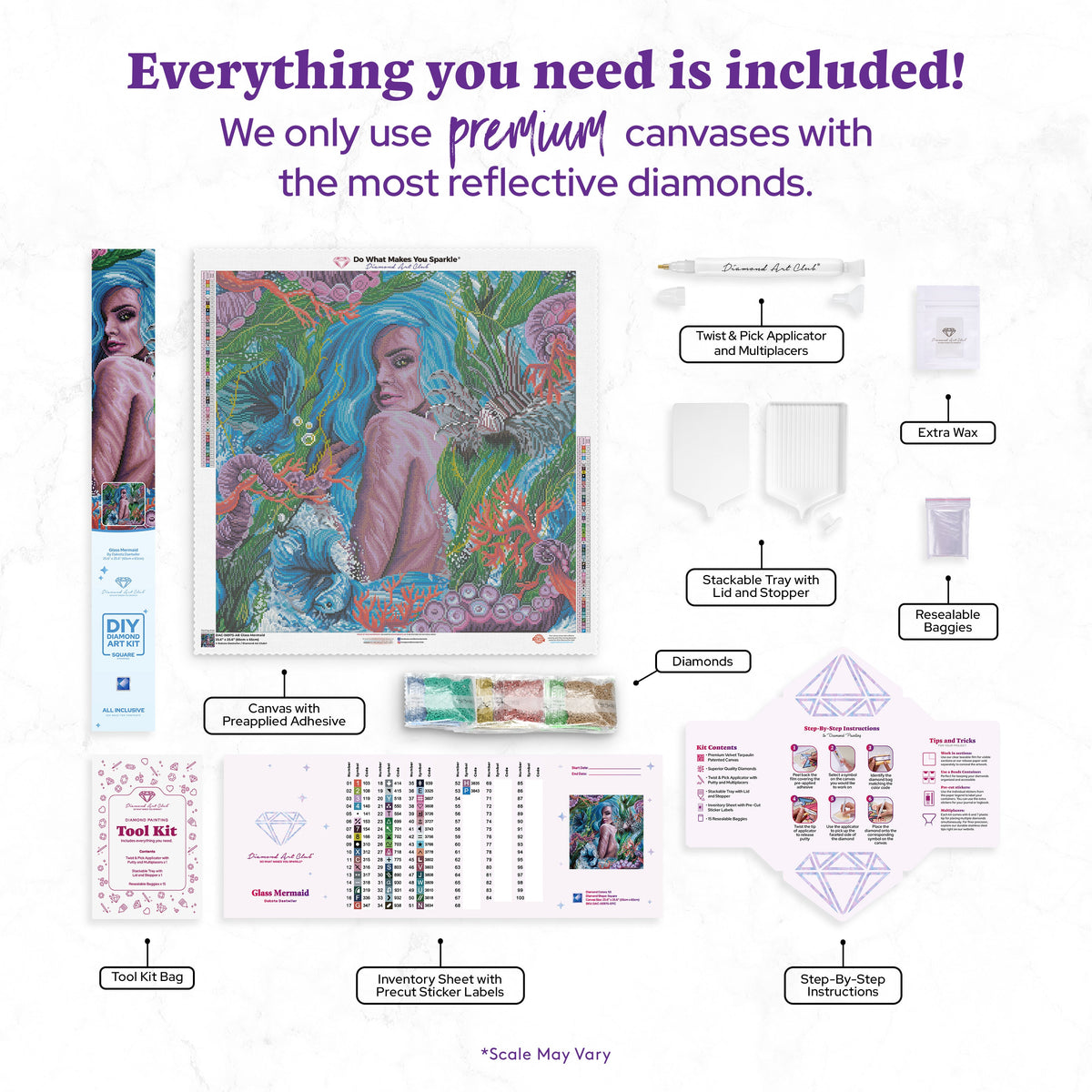 Diamond Painting Glass Mermaid 25.6" x 25.6" (65cm x 65cm) / Square With 53 Colors Including 5 ABs / 68,121