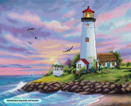 Diamond Painting Glorious Sunset Lighthouse 27" x 22" (69cm x 55.8cm) / Square With 64 Colors Including 5 ABs with 1 Fairy Dust Diamonds / 62,048