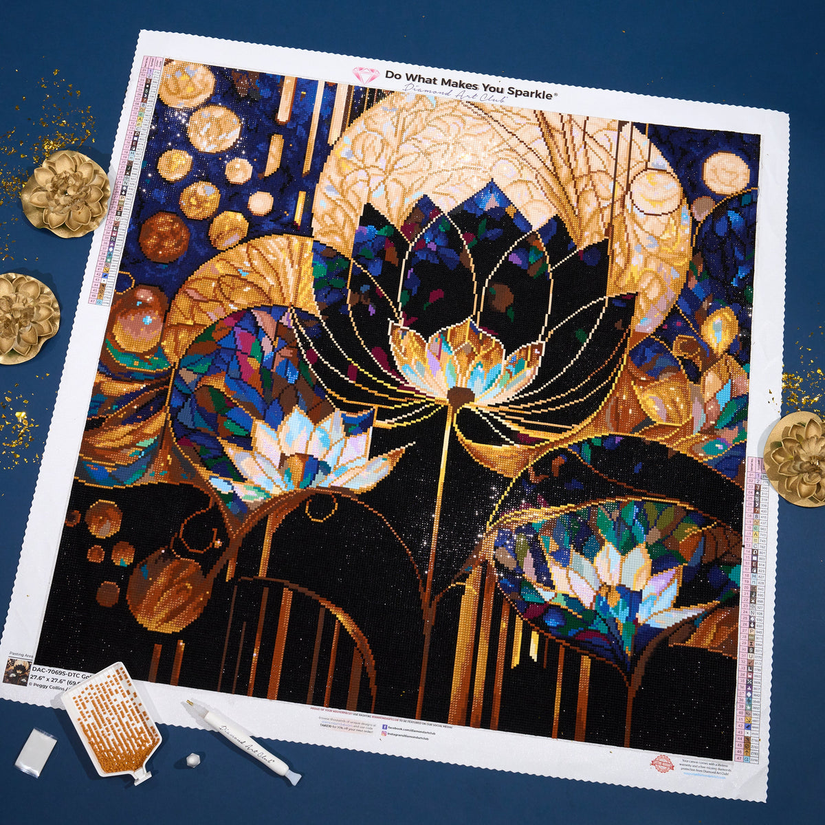 Diamond Painting Golden Lotus 27.6" x 27.6" (69.9cm x 69.9cm) / Square with 47 Colors including 3 ABs and 4 Fairy Dust Diamonds / 78,961