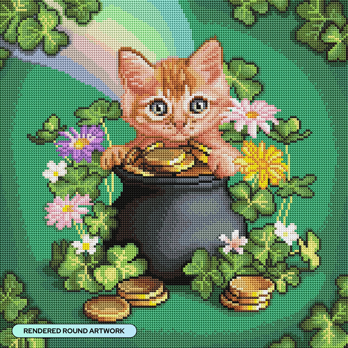 Diamond Painting Good Luck Kitten 17" x 17" (42.9cm x 42.9cm) / Round with 67 Colors including 2 ABs and 4 Fairy Dust Diamonds / 24,336