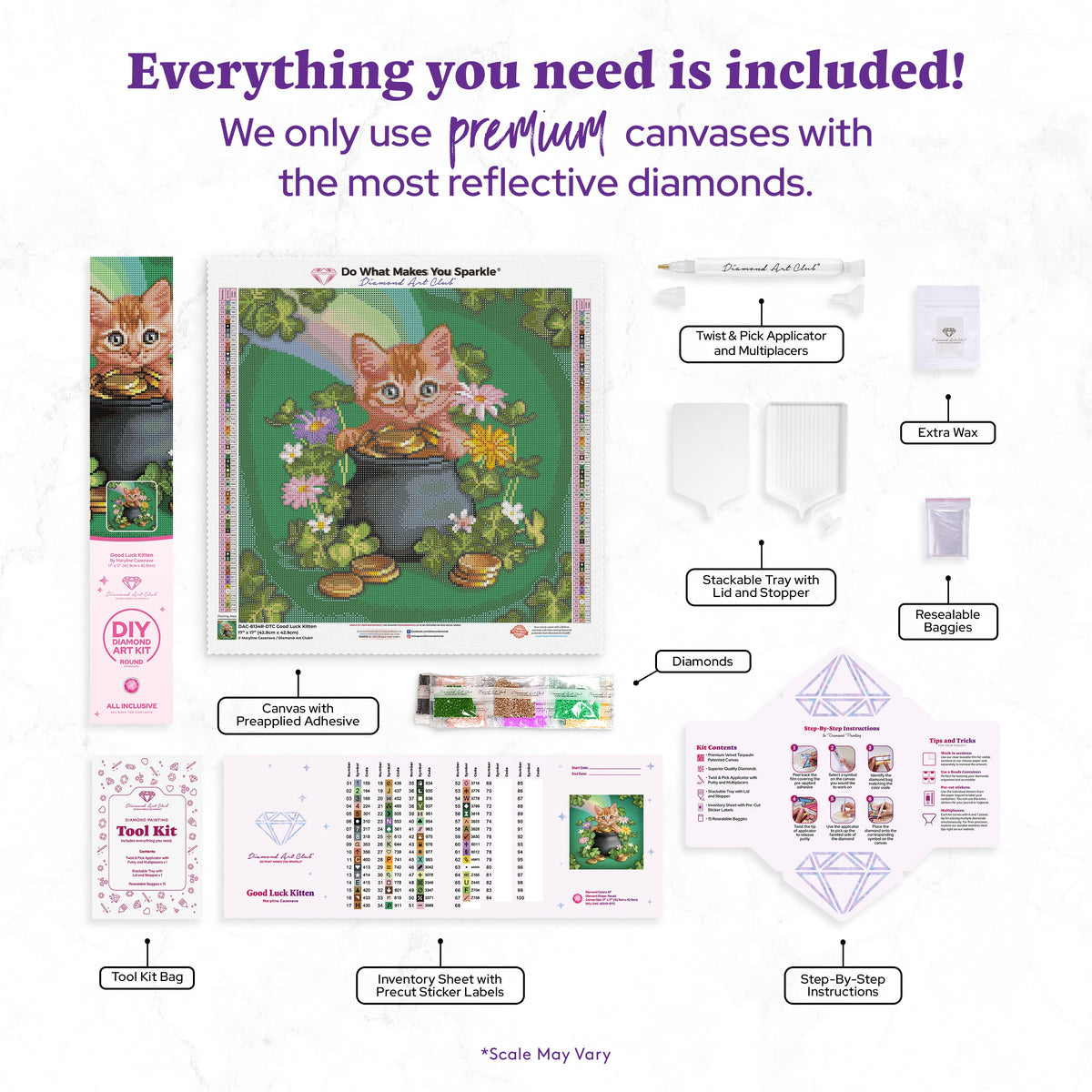 Diamond Painting Good Luck Kitten 17" x 17" (42.9cm x 42.9cm) / Round with 67 Colors including 2 ABs and 4 Fairy Dust Diamonds / 24,336