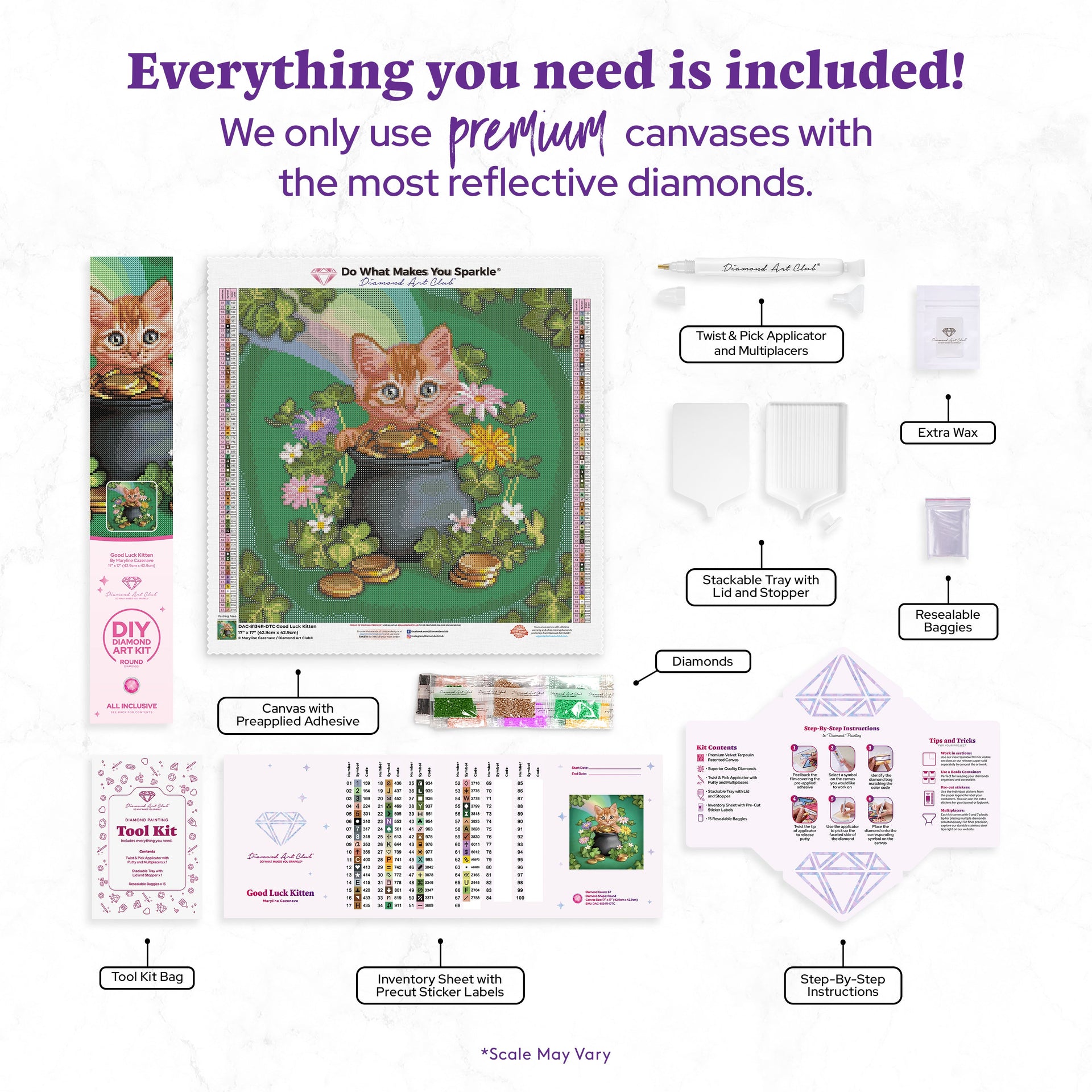 Diamond Painting Good Luck Kitten 17" x 17" (42.9cm x 42.9cm) / Round with 67 Colors including 2 ABs and 4 Fairy Dust Diamonds / 24,336