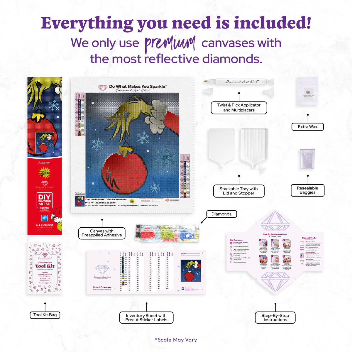 Diamond Painting Grinch™ Ornament 9" x 10" (22.9cm x 25.6cm) / Square with 14 Colors including 1 AB and 1 Iridescent Diamond and 2 Fairy Dust Diamonds / 9,476