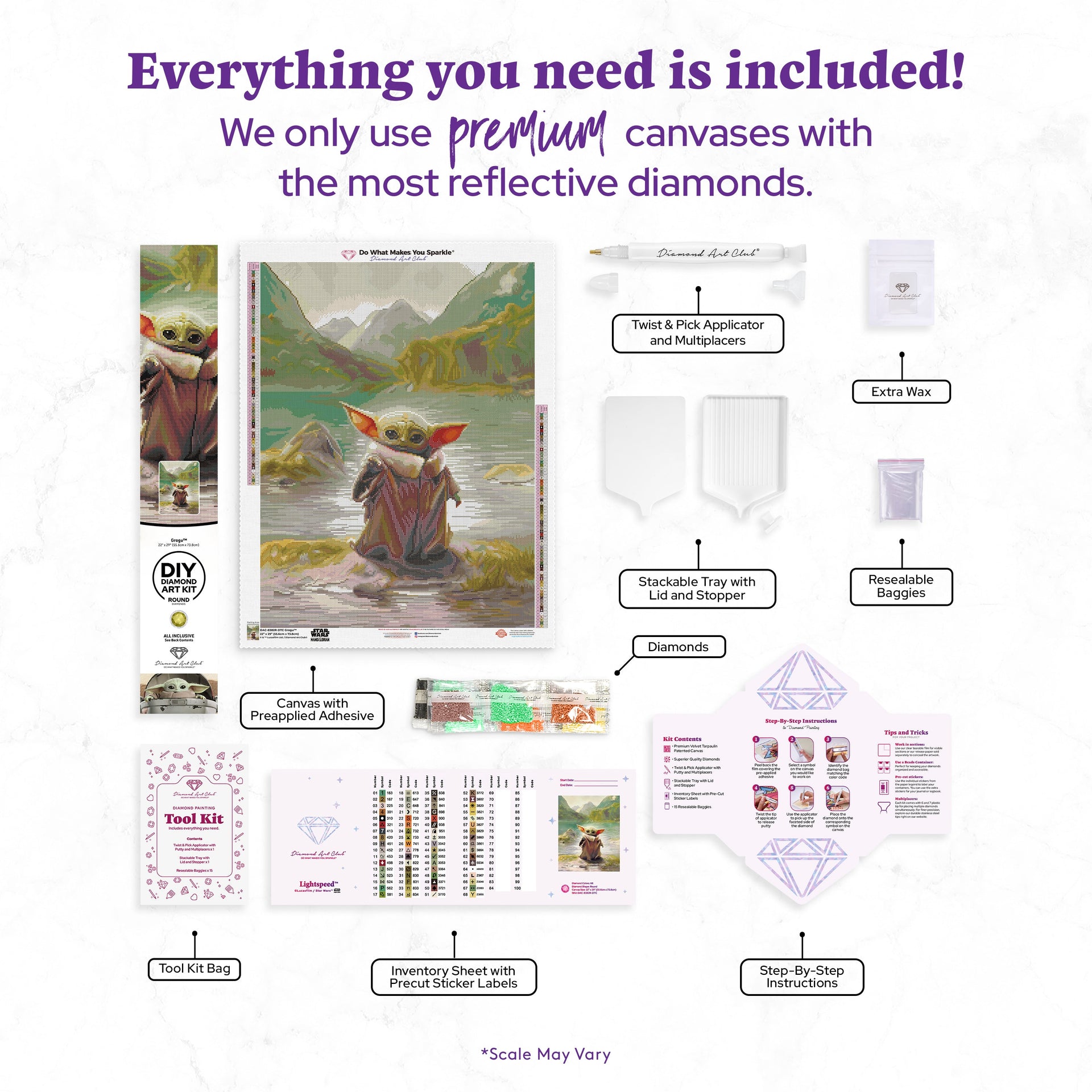 Diamond Painting Grogu 22" x 29" (55.6cm x 73.8cm) / Round with 68 Colors including 1 AB and 4 Fairy Dust Diamonds / 54,136