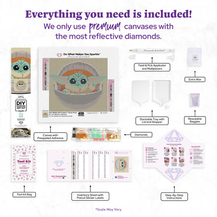 Diamond Painting Grogu's Hover-Pram 10" x 9" (22.7cm x 20.7cm) / Square with 17 Colors including 1 AB and 3 Fairy Dust Diamonds / 7,553