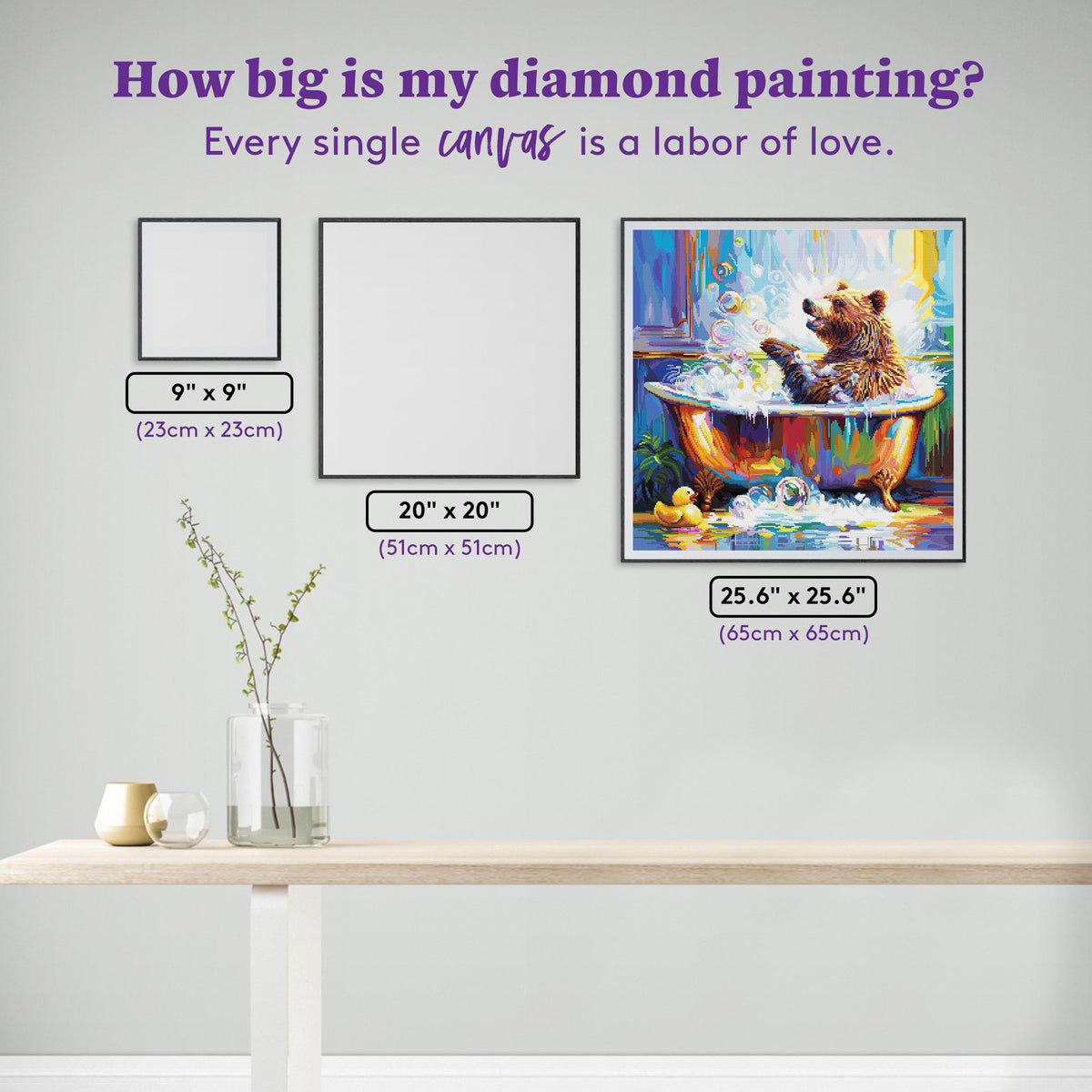 Diamond Painting Happy Bear in Bathtub 25.6" x 25.6" (65cm x 65cm) / Square with 55 Colors including 2 ABs and 3 Fairy Dust Diamonds / 68,121