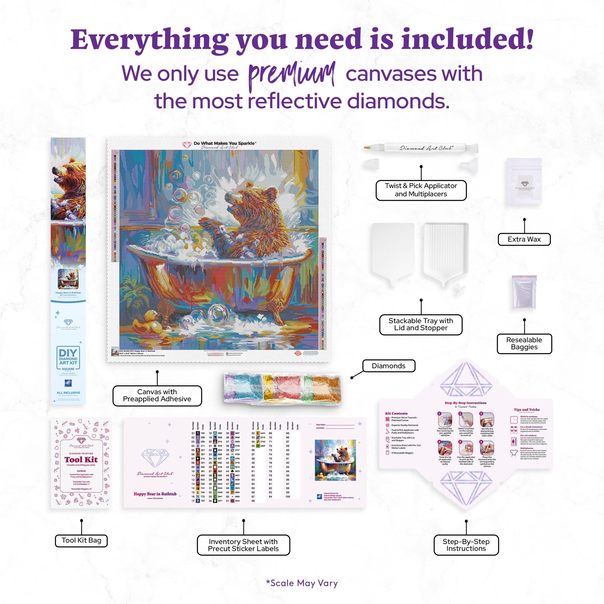 Diamond Painting Happy Bear in Bathtub 25.6" x 25.6" (65cm x 65cm) / Square with 55 Colors including 2 ABs and 3 Fairy Dust Diamonds / 68,121