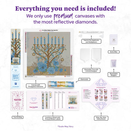 Diamond Painting Happy Hanukkah 22" x 22" (55.8cm x 55.8cm) / Square with 39 Colors including 2 ABs and 1 Electro Diamond and 1 Iridescent Diamond and 1 Fairy Dust Diamond / 50,176