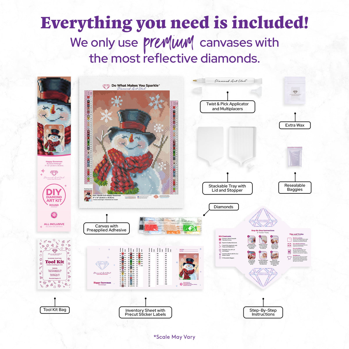 Diamond Painting Happy Snowman 9" x 12" (22.8cm x 30.8cm) / Round with 41 Colors including 1 AB and 3 Fairy Dust Diamonds / 9,296