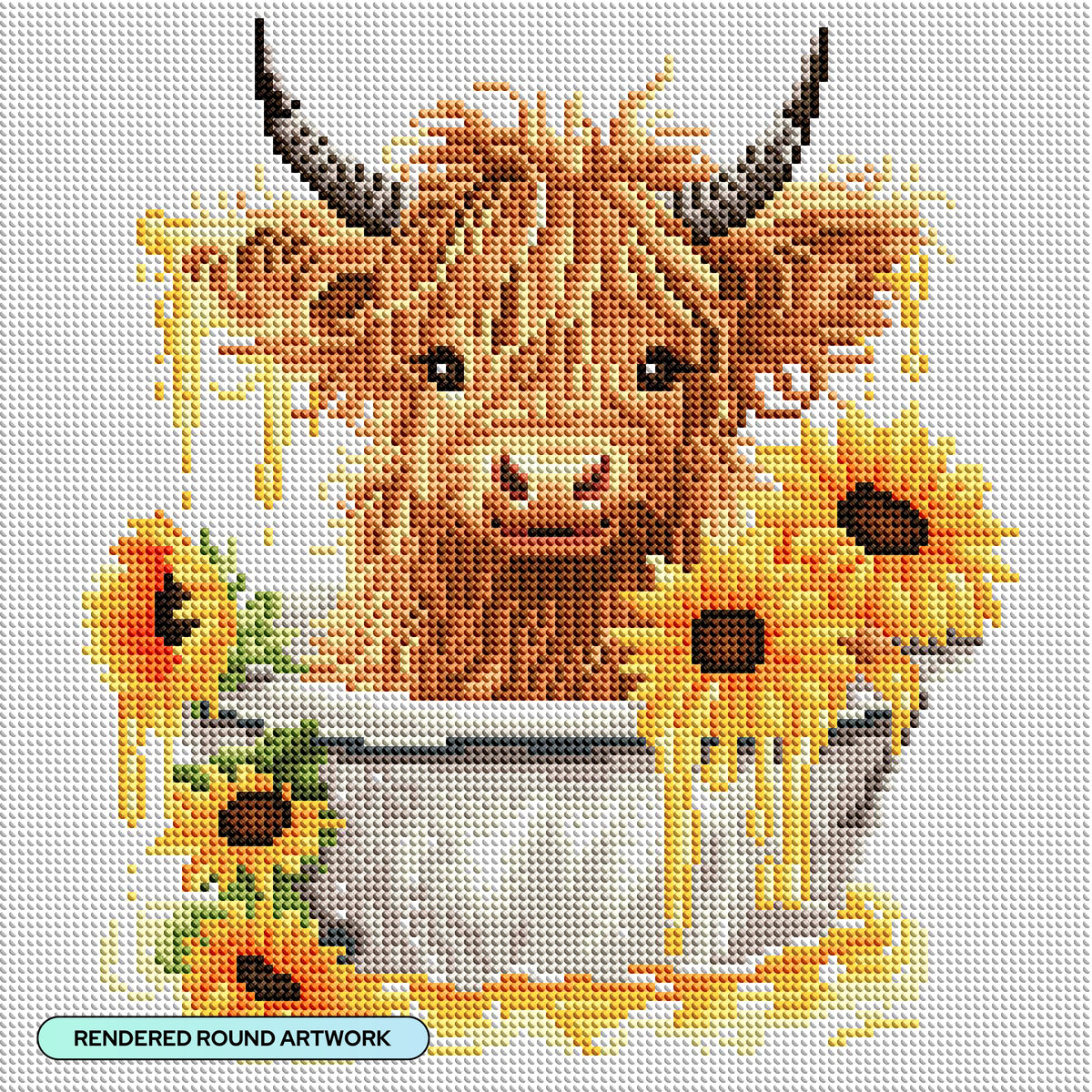 Diamond Painting Highland Cow in Tub 13" x 13" (33cm x 33cm) / Round with 29 Colors including 3 ABs and 2 Fairy Dust Diamonds / 14,400