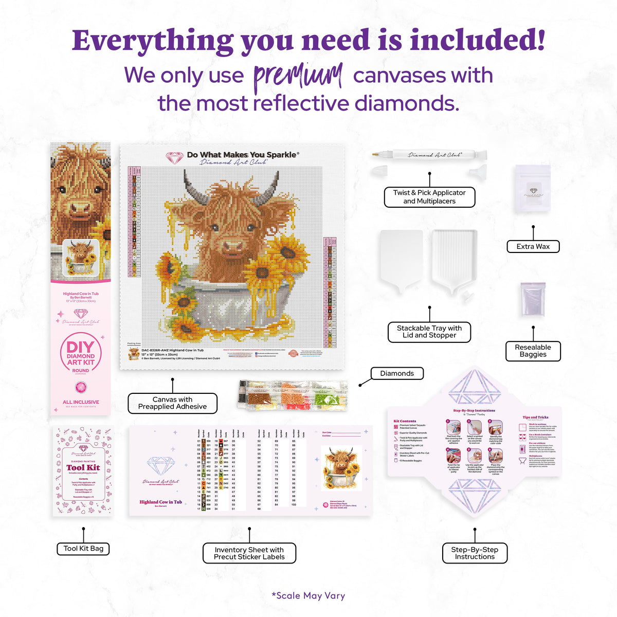 Diamond Painting Highland Cow in Tub 13" x 13" (33cm x 33cm) / Round with 29 Colors including 3 ABs and 2 Fairy Dust Diamonds / 14,400