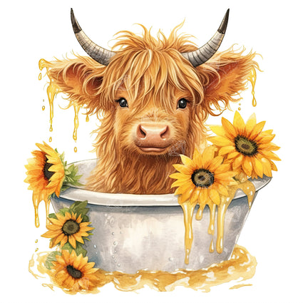 Diamond Painting Highland Cow in Tub 13" x 13" (33cm x 33cm) / Round with 29 Colors including 3 ABs and 2 Fairy Dust Diamonds / 14,400