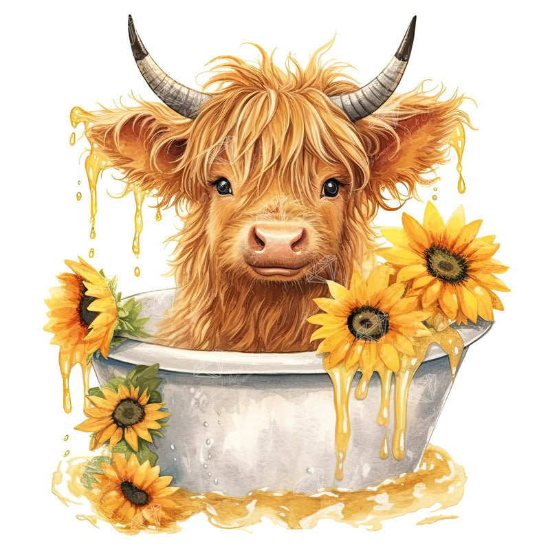 Diamond Painting Highland Cow in Tub 13" x 13" (33cm x 33cm) / Round with 29 Colors including 3 ABs and 2 Fairy Dust Diamonds / 14,400