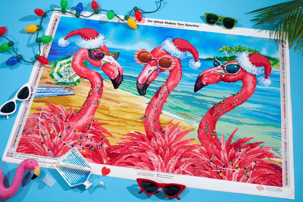 Diamond Painting Holiday Flamingo Girlfriends 33" x 22" (83.6cm x 55.8cm) / Square with 94 Colors including 2 ABs and 1 Iridescent Diamond and 5 Fairy Dust Diamonds / 75,264