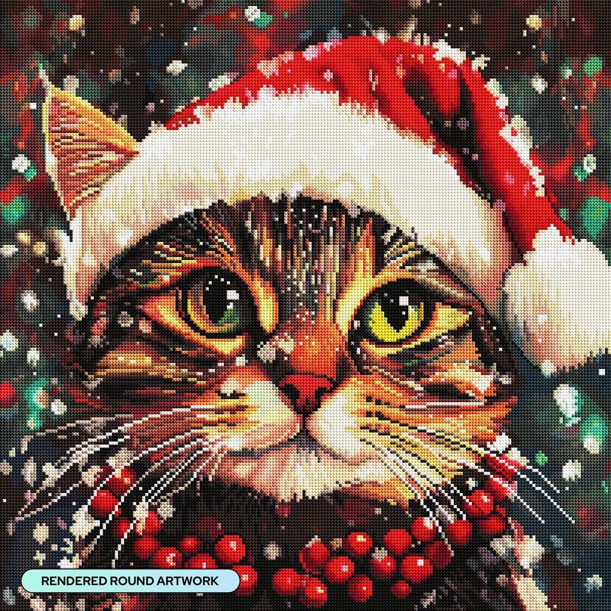 Diamond Painting Holly Jolly Christmas Cat 22" x 22" (55.6cm x 55.6cm) / Round with 75 Colors including 2 ABs and 1 Iridescent Diamond and 2 Fairy Dust Diamonds / 40,804