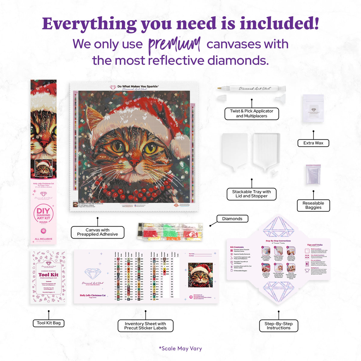 Diamond Painting Holly Jolly Christmas Cat 22" x 22" (55.6cm x 55.6cm) / Round with 75 Colors including 2 ABs and 1 Iridescent Diamond and 2 Fairy Dust Diamonds / 40,804