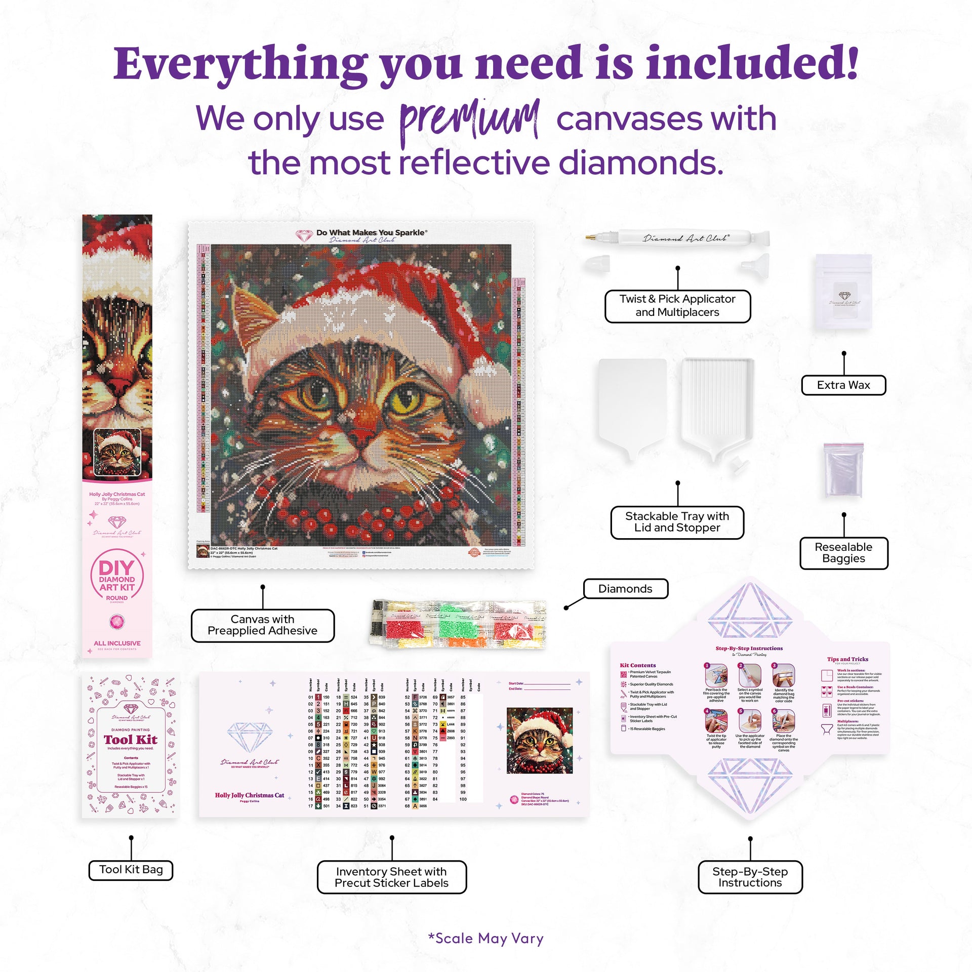 Diamond Painting Holly Jolly Christmas Cat 22" x 22" (55.6cm x 55.6cm) / Round with 75 Colors including 2 ABs and 1 Iridescent Diamond and 2 Fairy Dust Diamonds / 40,804