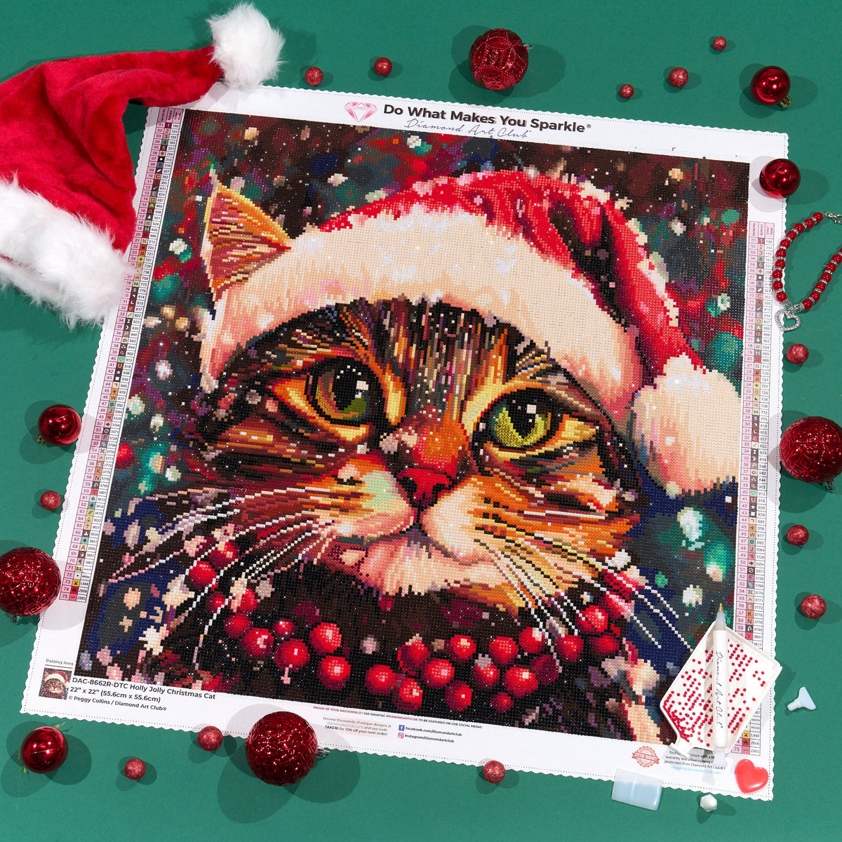 Diamond Painting Holly Jolly Christmas Cat 22" x 22" (55.6cm x 55.6cm) / Round with 75 Colors including 2 ABs and 1 Iridescent Diamond and 2 Fairy Dust Diamonds / 40,804