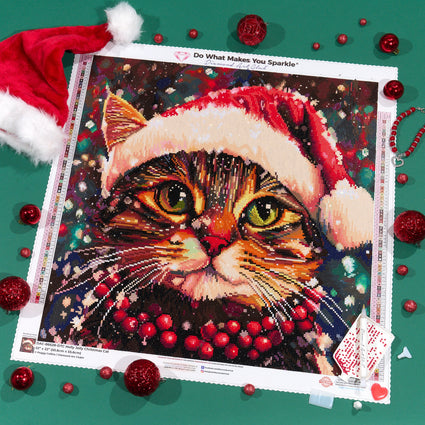 Diamond Painting Holly Jolly Christmas Cat 22" x 22" (55.6cm x 55.6cm) / Round with 75 Colors including 2 ABs and 1 Iridescent Diamond and 2 Fairy Dust Diamonds / 40,804