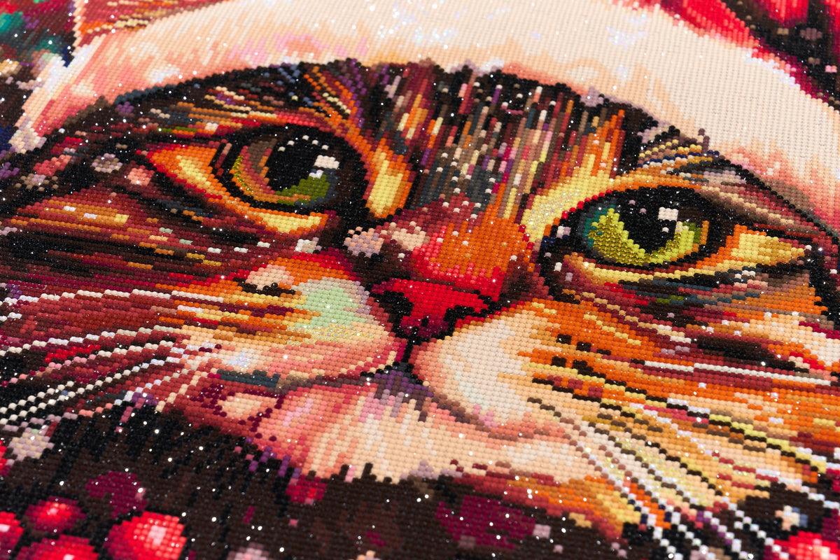 Diamond Painting Holly Jolly Christmas Cat 22" x 22" (55.6cm x 55.6cm) / Round with 75 Colors including 2 ABs and 1 Iridescent Diamond and 2 Fairy Dust Diamonds / 40,804