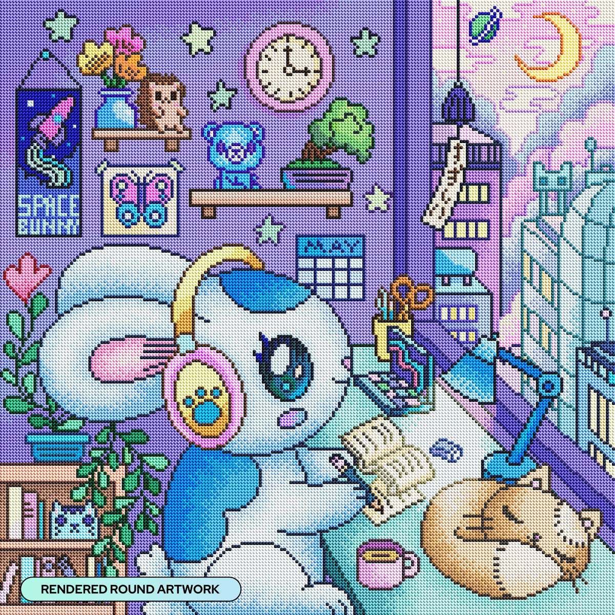 Diamond Painting Home Bunny 22" x 22" (55.6cm x 55.6cm) / Round with 78 Colors including 2 ABs and 1 Frosted Diamond and 3 Fairy Dust Diamonds / 40,804