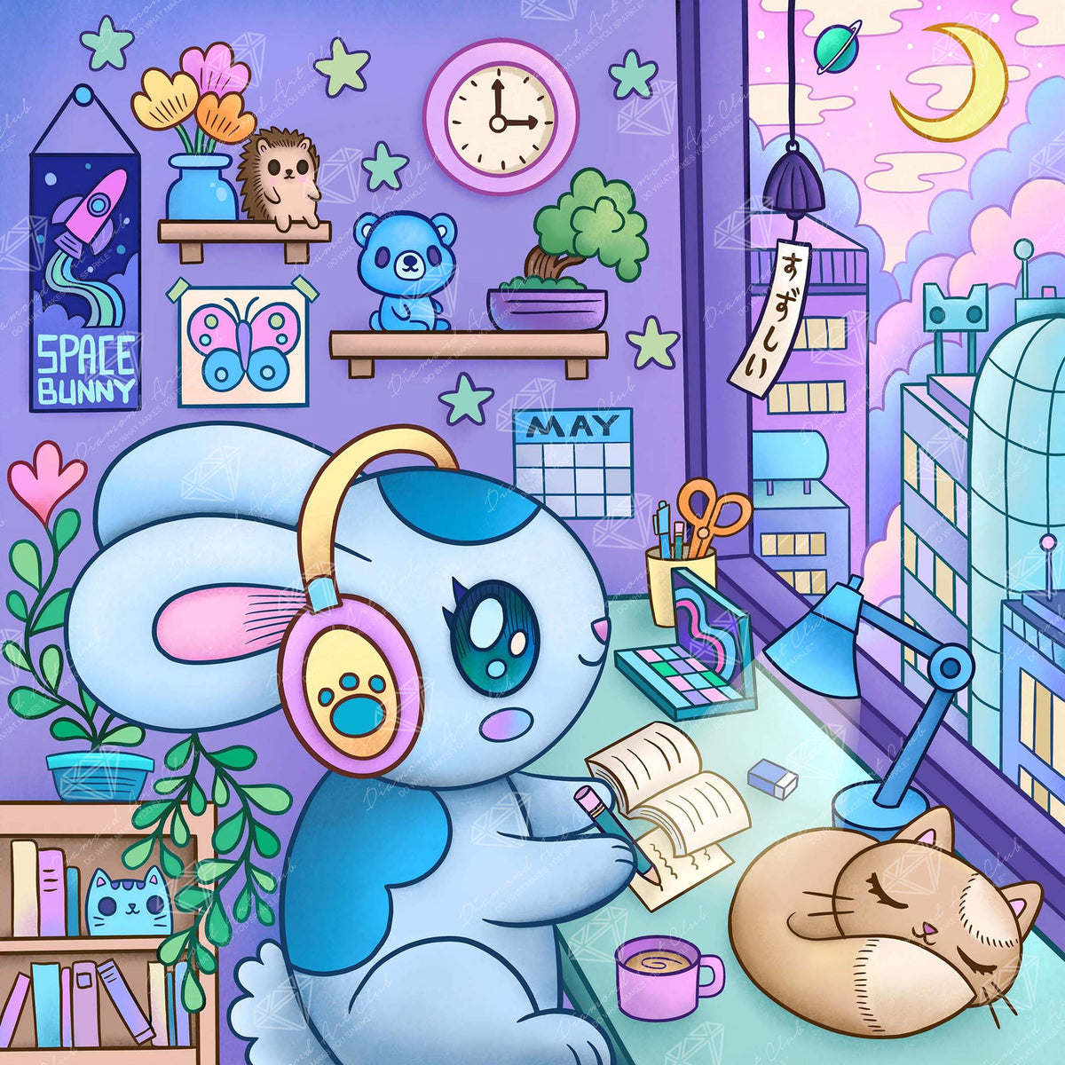 Diamond Painting Home Bunny 22" x 22" (55.6cm x 55.6cm) / Round with 78 Colors including 2 ABs and 1 Frosted Diamond and 3 Fairy Dust Diamonds / 40,804