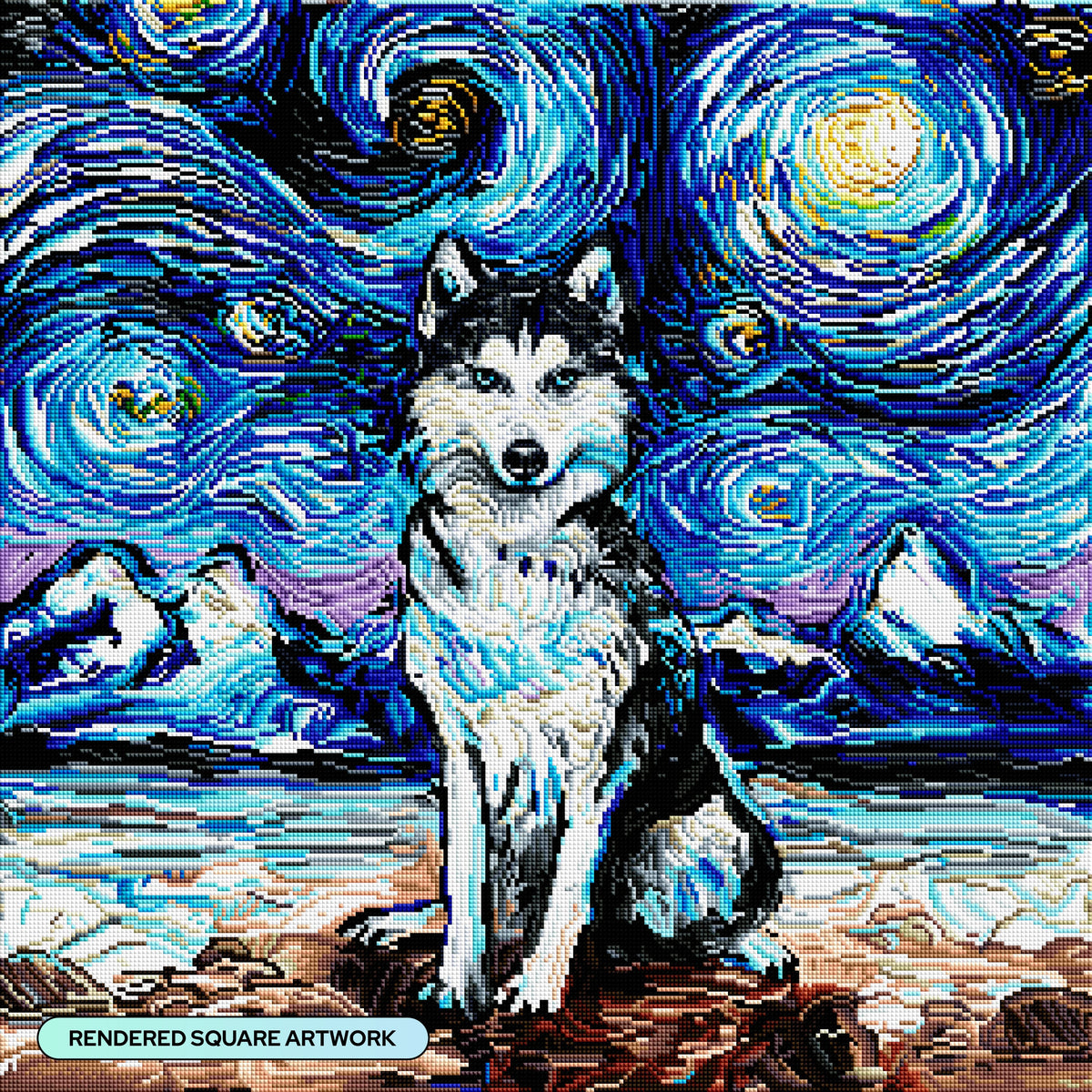 Diamond Painting Husky Night 25.6" x 25.6" (65cm x 65cm) / Square with 48 Colors including 2 ABs and 2 Fairy Dust Diamonds / 68,121
