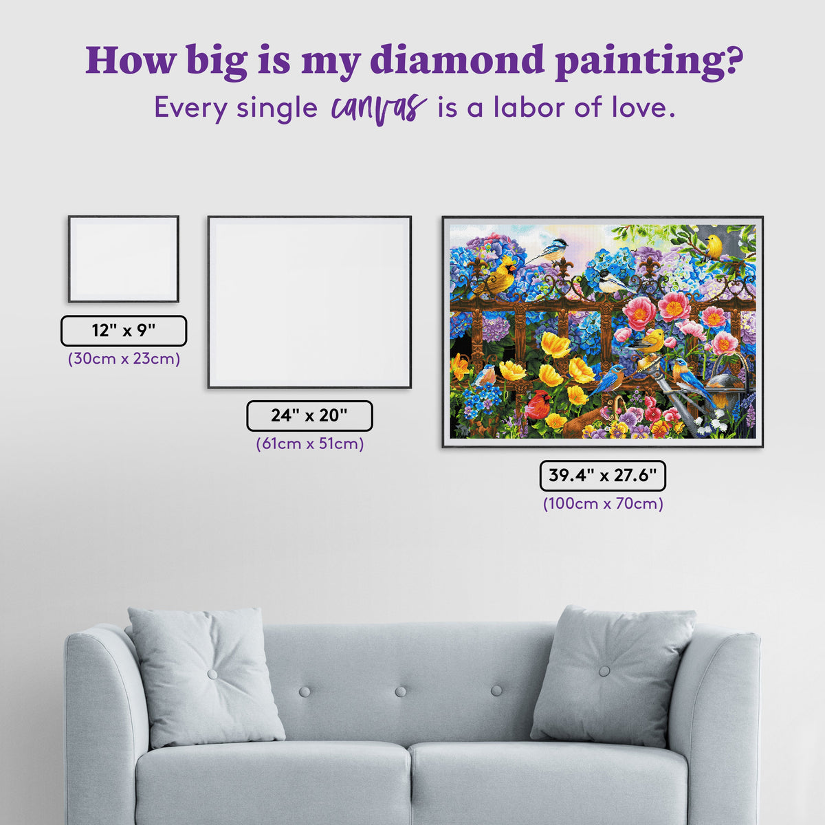 Diamond Painting Hydrangea Garden Birds 39.4" x 27.6" (100cm x 70cm) / Square with 59 Colors including 5 ABs / 109,692