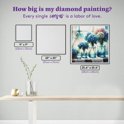 Diamond Painting Hydrangeas in Blue Bottles 25.6" x 25.6" (65cm x 65cm) / Square with 90 Colors including 1 AB and 3 Fairy Dust Diamonds / 68,121