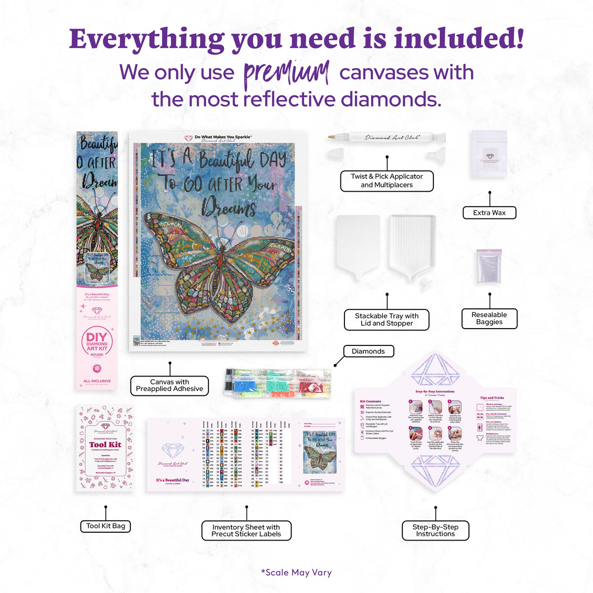 Diamond Painting It's a Beautiful Day 22" x 28" (55.6cm x 70.7cm) / Round with 73 colors including 2 ABs and 1 Electro Diamond and 1 Iridescent Diamond and 1 Special Diamond and 4 Fairy Dust Diamonds / 51,914