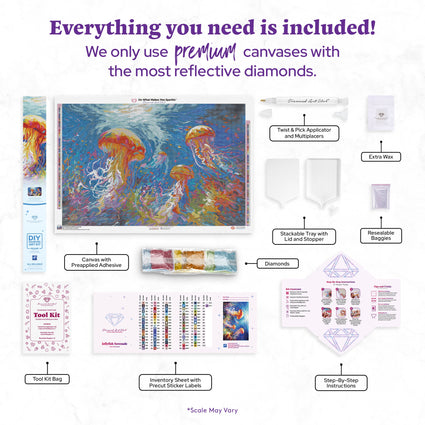 Diamond Painting Jellyfish Serenade 38.6" x 25.6" (97.8cm x 65cm) / Square with 86 Colors including 3 ABs and 1 Frosted Diamond and 4 Fairy Dust Diamonds / 102,573