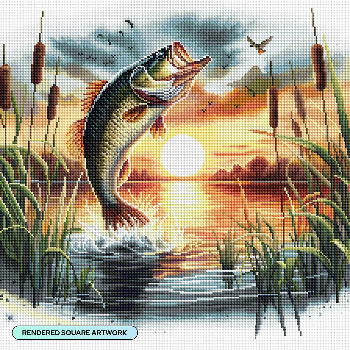Diamond Painting Jumping Lake Bass 22" x 22" (55.8cm x 55.8cm) / Square with 50 Colors including 2 ABs and 3 Fairy Dust Diamonds / 50,176