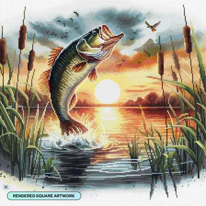 Diamond Painting Jumping Lake Bass 22" x 22" (55.8cm x 55.8cm) / Square with 50 Colors including 2 ABs and 3 Fairy Dust Diamonds / 50,176