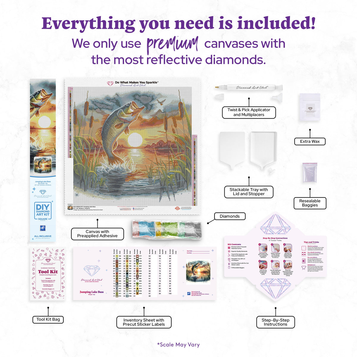 Diamond Painting Jumping Lake Bass 22" x 22" (55.8cm x 55.8cm) / Square with 50 Colors including 2 ABs and 3 Fairy Dust Diamonds / 50,176