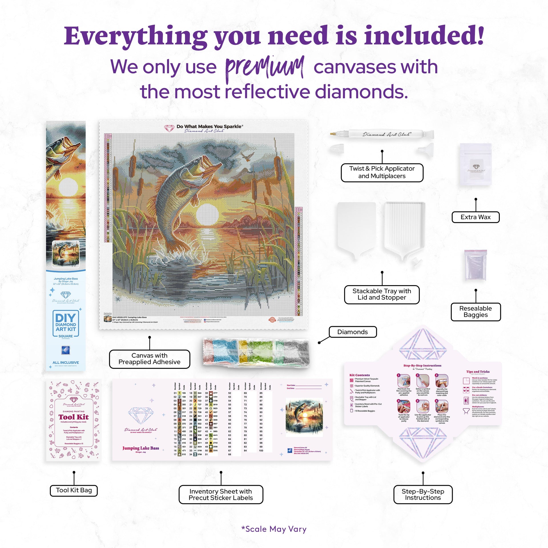 Diamond Painting Jumping Lake Bass 22" x 22" (55.8cm x 55.8cm) / Square with 50 Colors including 2 ABs and 3 Fairy Dust Diamonds / 50,176