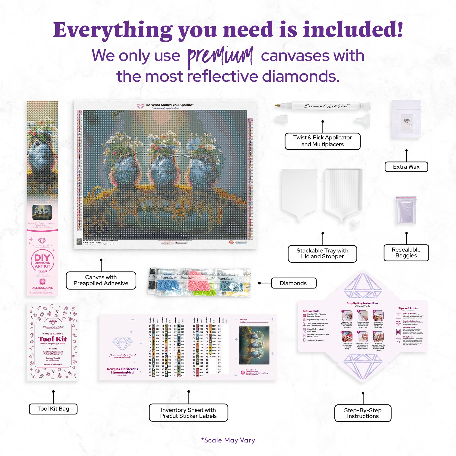 Diamond Painting Kewpies Floriferous Hummingbird 28" x 22" (70.7cm x 55.6cm) / Round with 79 Colors including 2 ABs and 2 Fairy Dust Diamonds / 51,914