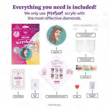 Diamond Painting Keychain - Belle’s Enchanted Charm 2.6" x 2.5" (6.8cm x 6.5cm) / Round With 4 Colors including 4 Iridescent Diamonds / 260