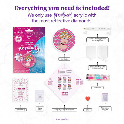 Diamond Painting Keychain - Cinderella’s Midnight Spark 2.6" x 2.5" (6.8cm x 6.5cm) / Round With 4 Colors including 4 Iridescent Diamonds / 270