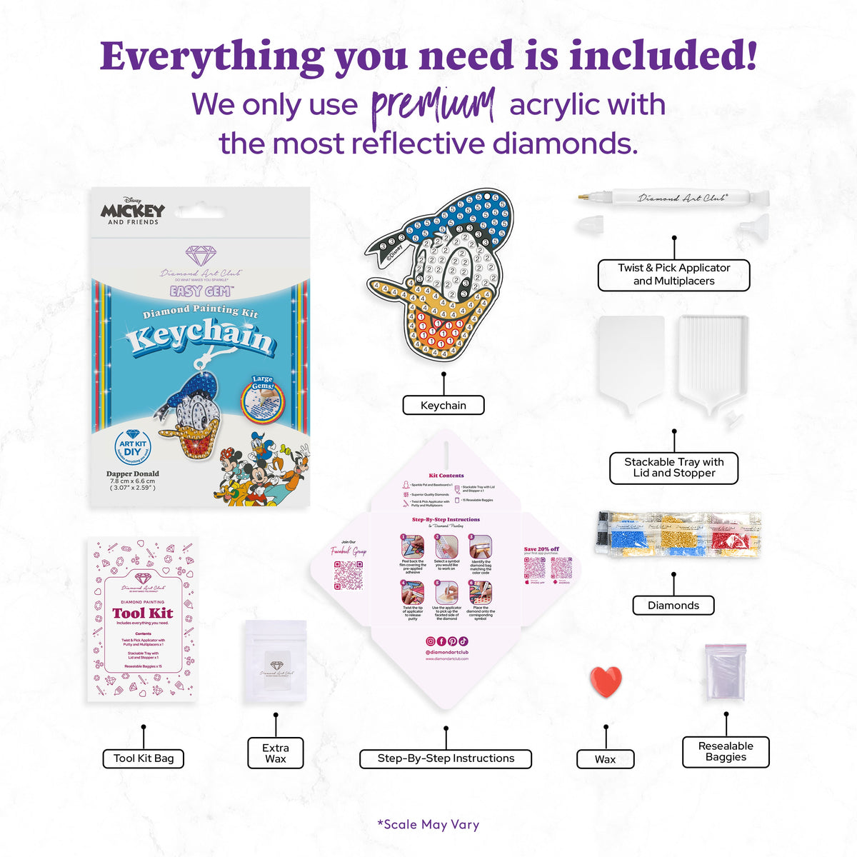 Diamond Painting Keychain - Dapper Donald 3.07" x 2.59" (7.8cm x 6.6cm) / Round With 5 Colors including 5 Iridescent Diamonds / 238