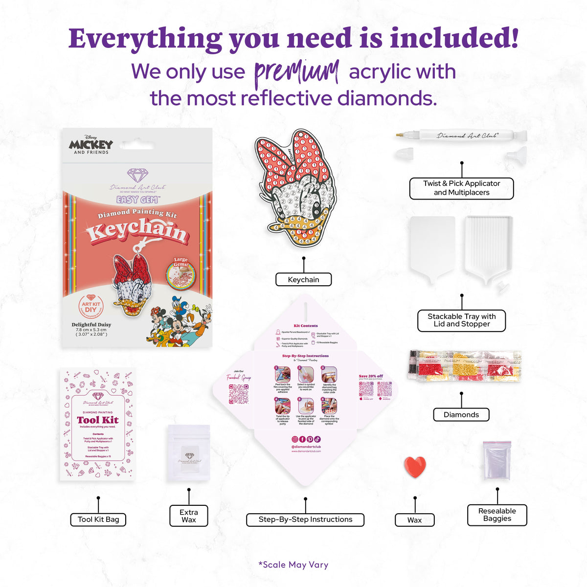 Diamond Painting Keychain - Delightful Daisy 3.07" x 2.08" (7.8cm x 5.3cm) / Round With 4 Colors including 4 Iridescent Diamonds / 224